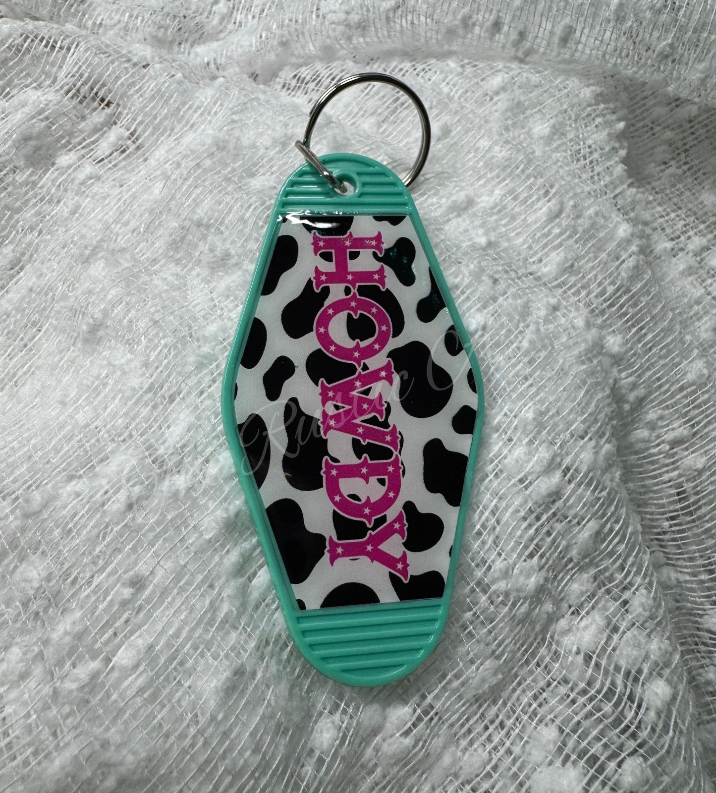 Howdy Cow Print Retro Hotel Motel Plastic Keychain