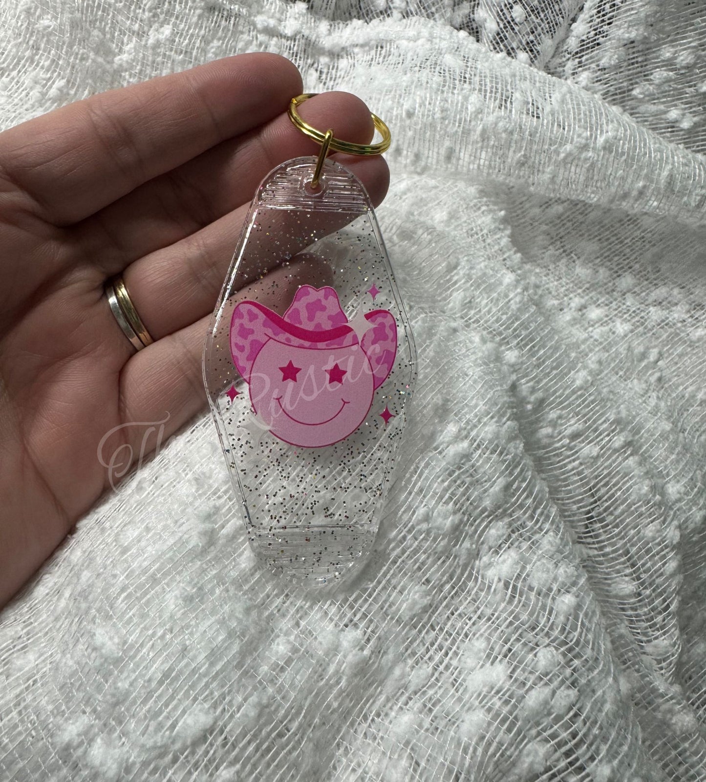 Cowboy Smiley Face Glitter Retro Hotel Motel Plastic Keychain