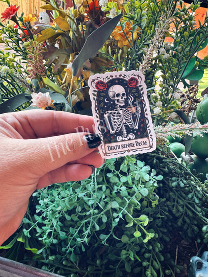 Death Before Decaf Tarot Card Sticker