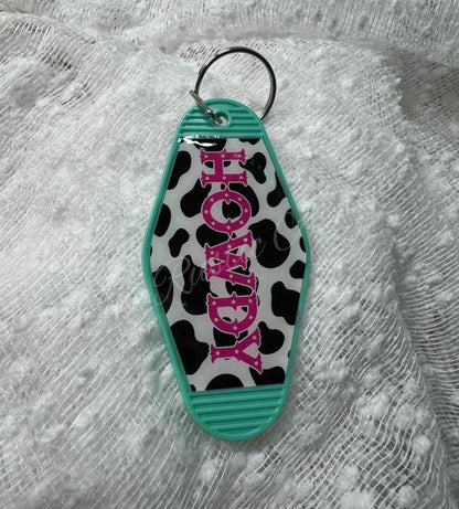 Howdy Cow Print Retro Hotel Motel Plastic Keychain
