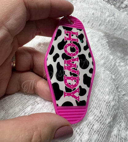 Howdy Pink Cow Print Retro Hotel Motel Plastic Keychain