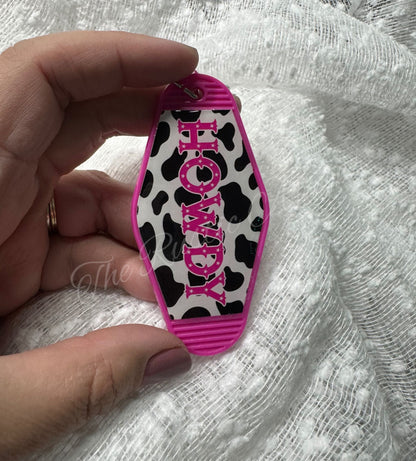 Howdy Pink Cow Print Retro Hotel Motel Plastic Keychain