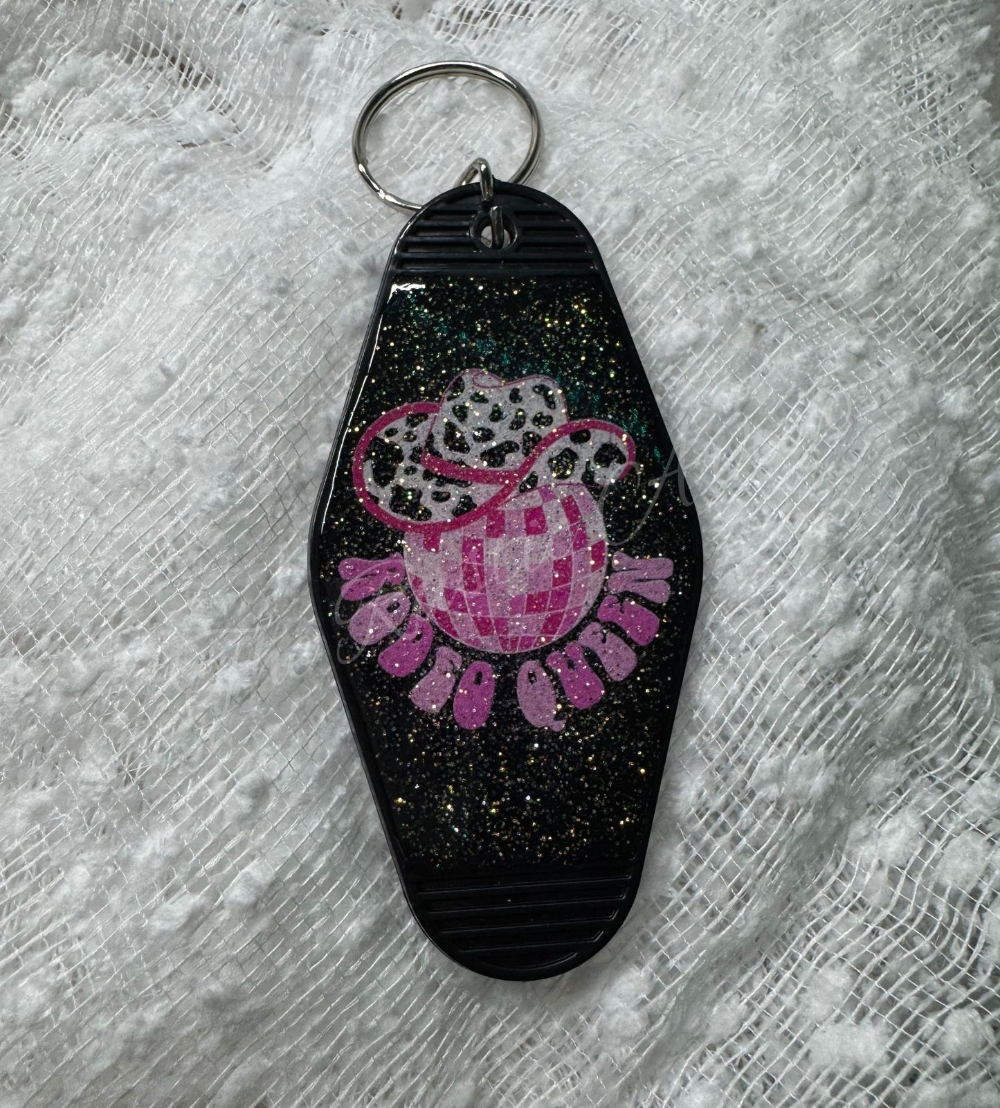 Disco Rodeo Queen Cowboy Glitter Retro Hotel Motel Plastic Keychain