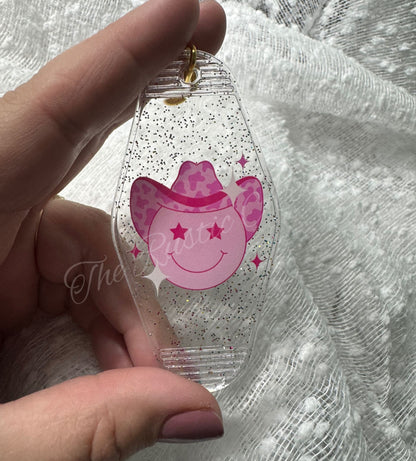Cowboy Smiley Face Glitter Retro Hotel Motel Plastic Keychain