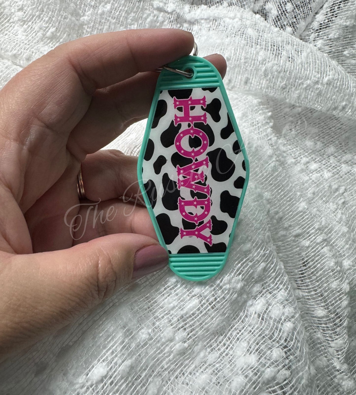 Howdy Cow Print Retro Hotel Motel Plastic Keychain
