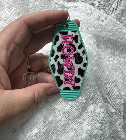 Howdy Cow Print Retro Hotel Motel Plastic Keychain