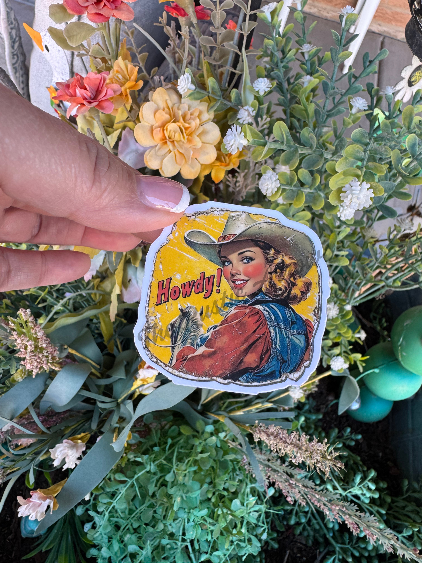 Vintage Howdy Cowgirl Die Cut Sticker